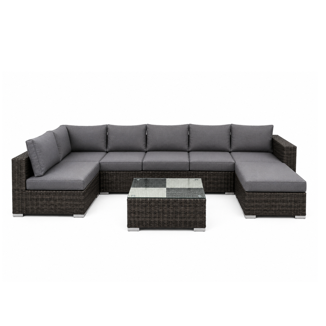 Nova 7-Seater Modular Rattan Patio Set with Glass Coffee Table and Cushions