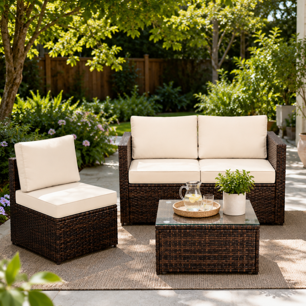 Nova 4-Seater Modular Rattan Patio Set with Glass Coffee Table & Cushions