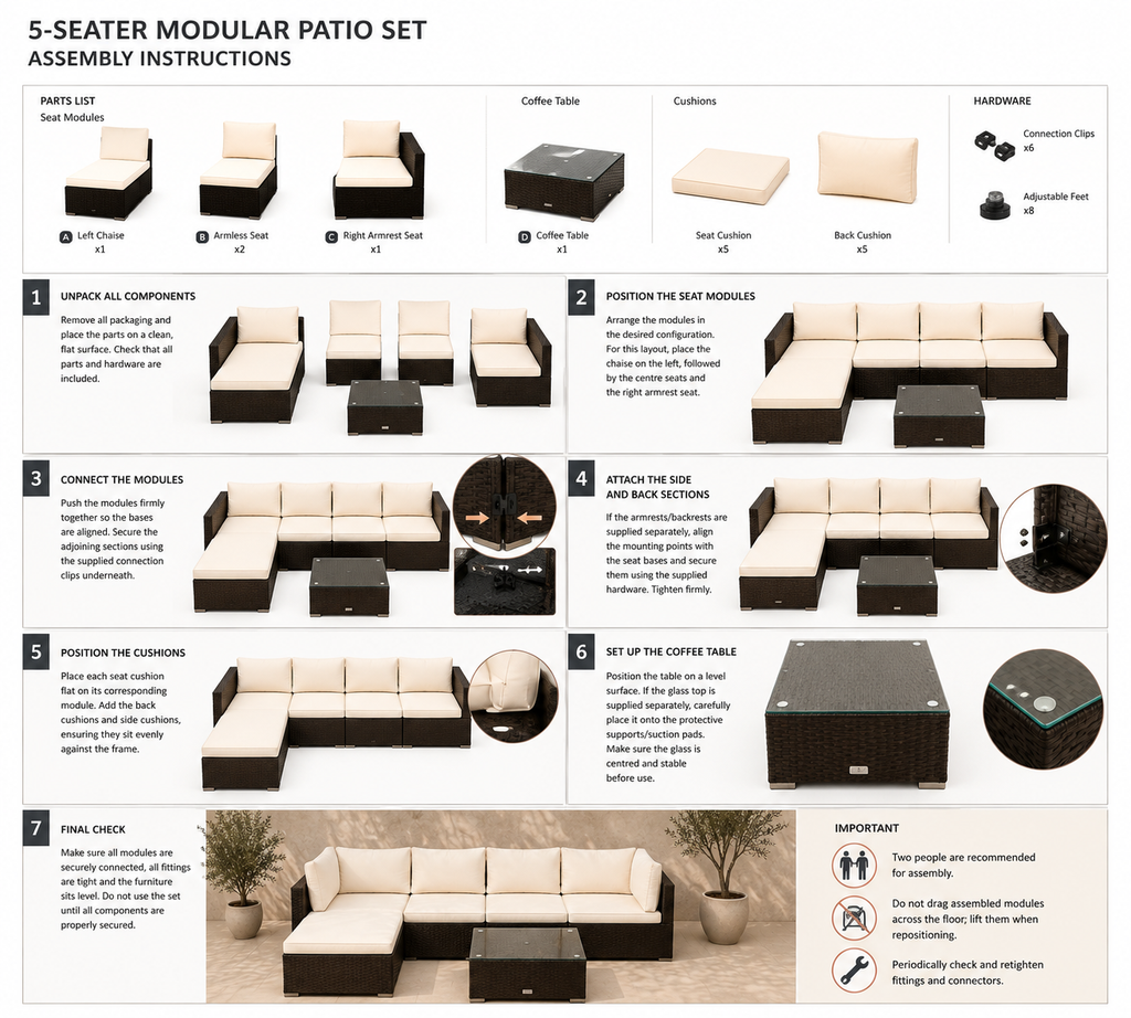 Nova 5-Seater Modular Rattan Patio Set with Glass Coffee Table and Cushions