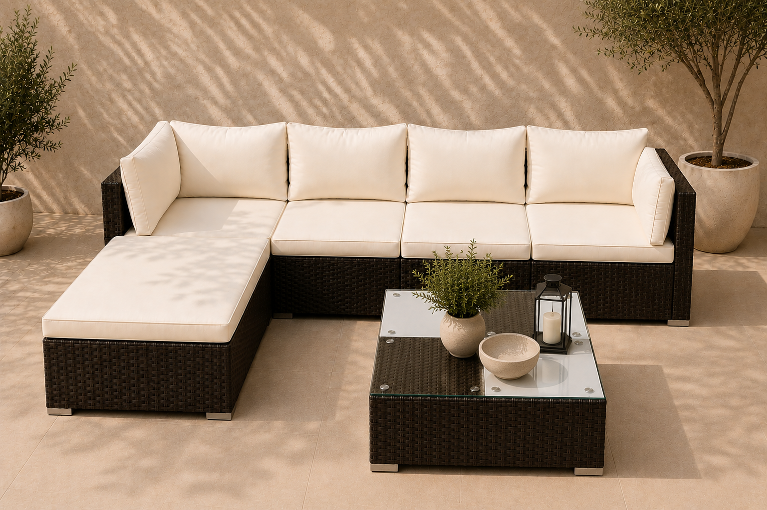 Nova 5-Seater Modular Rattan Patio Set with Glass Coffee Table and Cushions