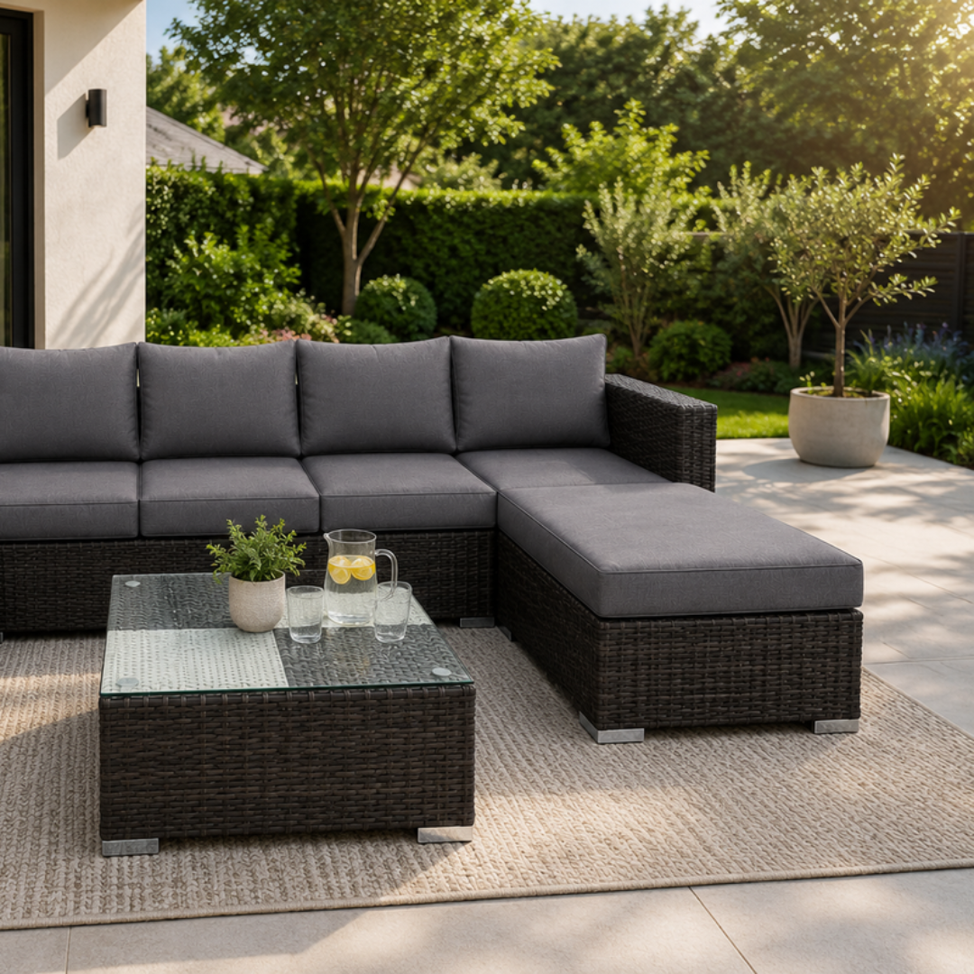 Nova 7-Seater Modular Rattan Patio Set with Glass Coffee Table and Cushions