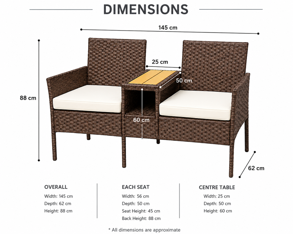 2-Seater Outdoor Loveseat with Centre Table