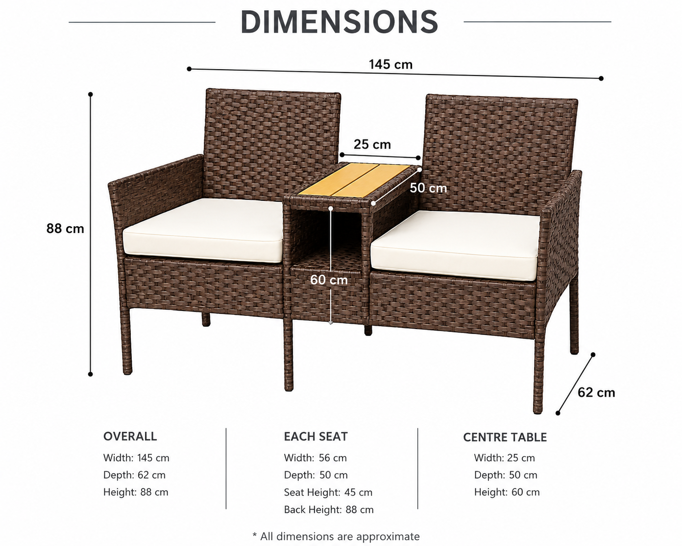 2-Seater Outdoor Loveseat with Centre Table