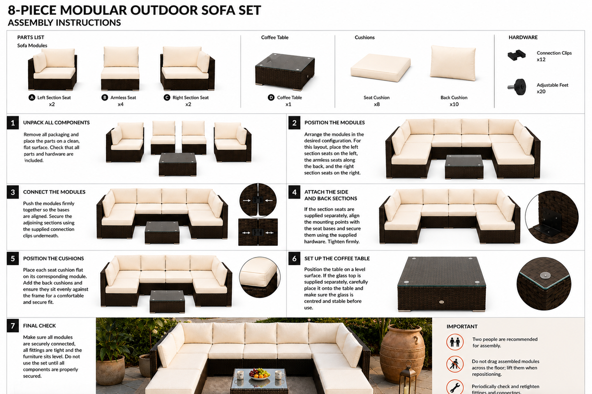 Nova 9 - Seater Modular Rattan Patio Set with Glass Coffee Table & Cushions