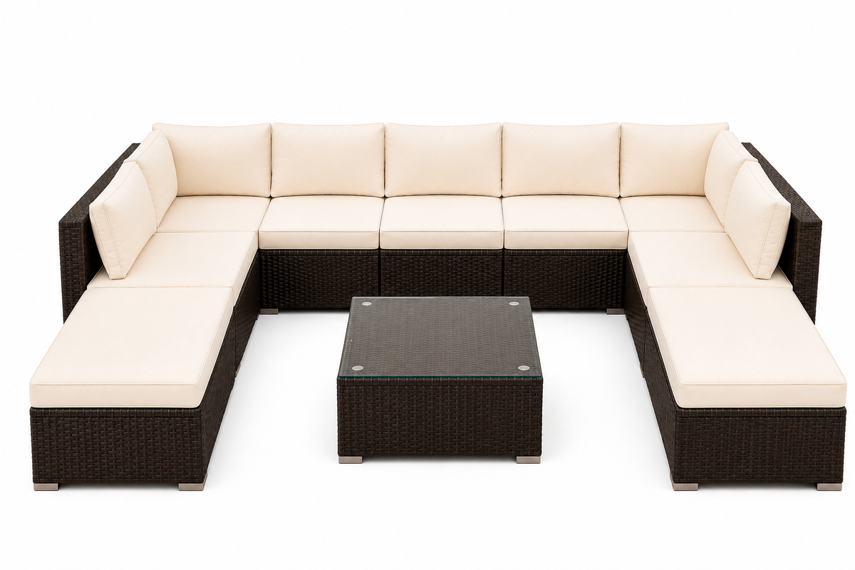 Nova 9 - Seater Modular Rattan Patio Set with Glass Coffee Table & Cushions