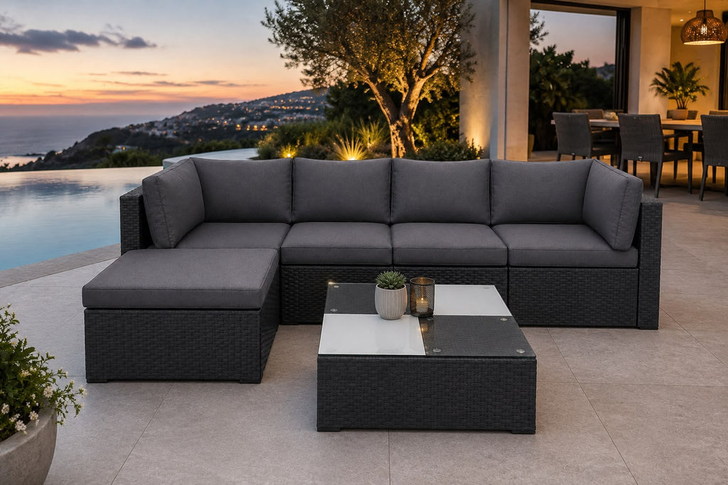 Nova 5-Seater Modular Rattan Patio Set with Glass Coffee Table and Cushions