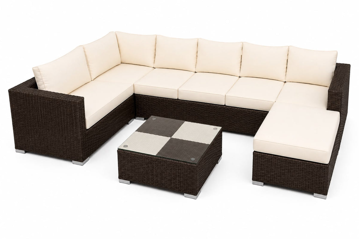 Nova 7-Seater Modular Rattan Patio Set with Glass Coffee Table and Cushions
