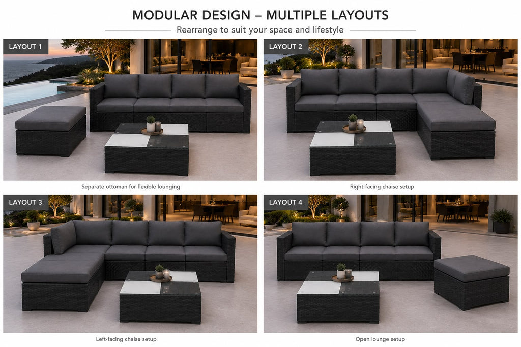 Nova 5-Seater Modular Rattan Patio Set with Glass Coffee Table and Cushions