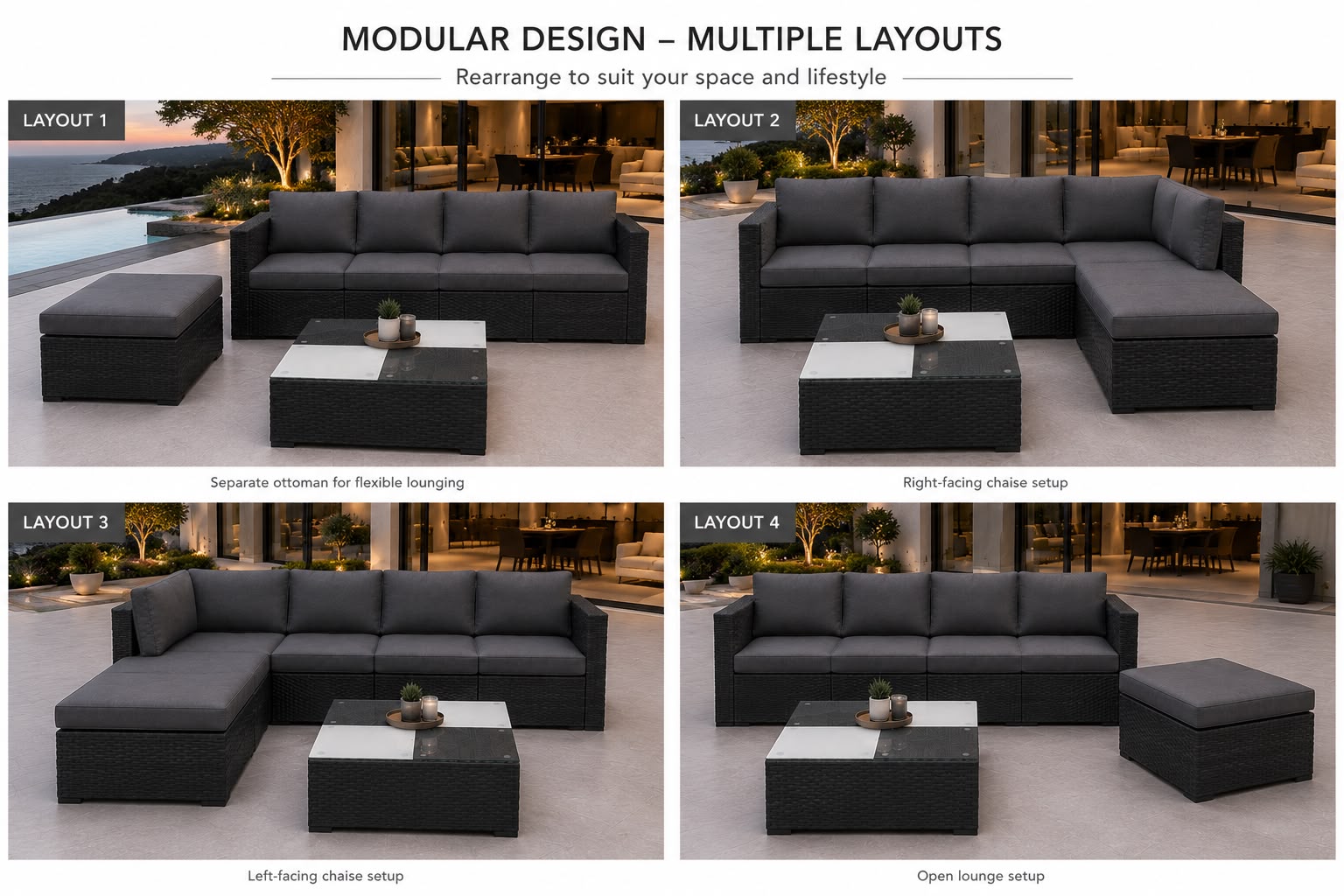 Nova 5-Seater Modular Rattan Patio Set with Glass Coffee Table and Cushions