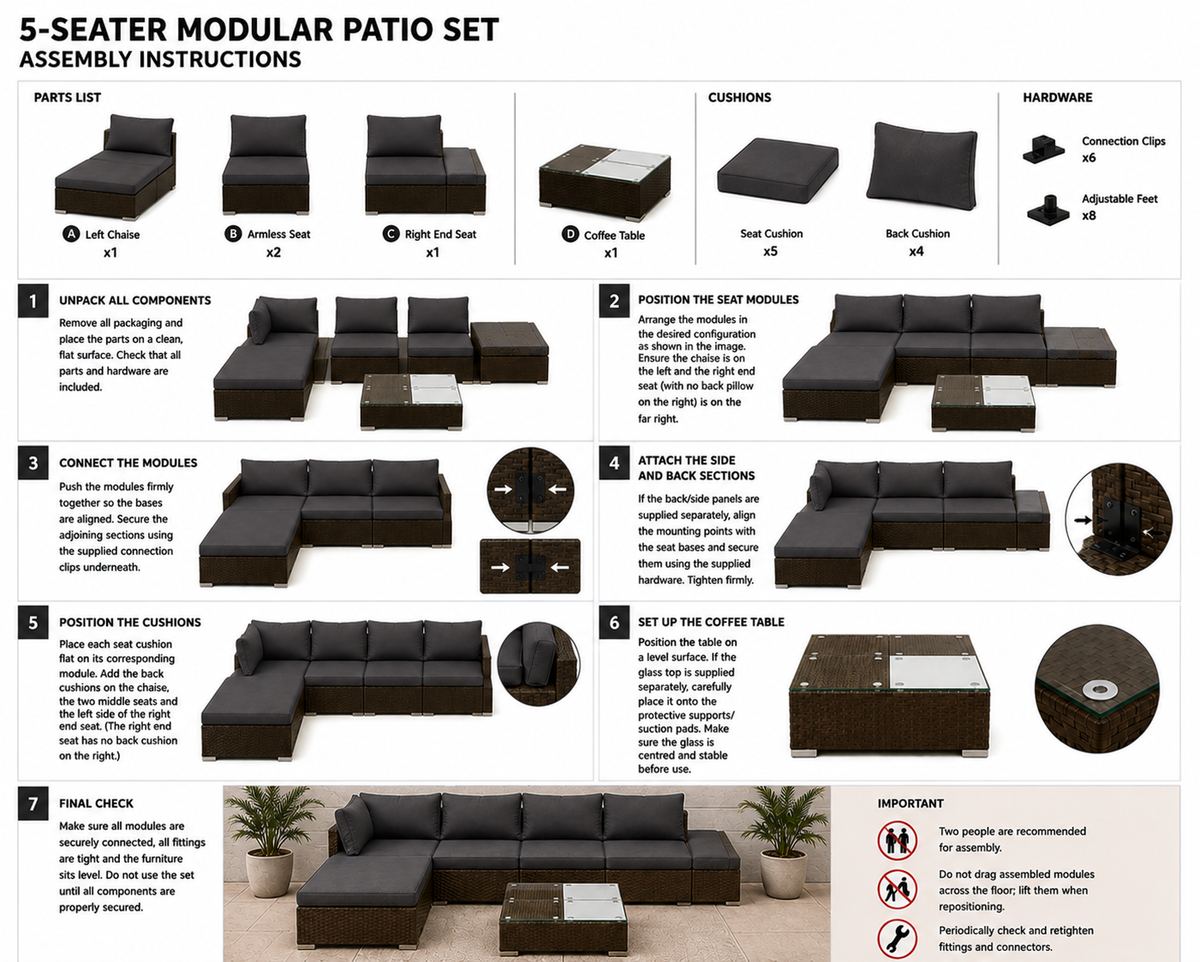 Nova 5-Seater Modular Patio Lounge Set with Coffee Table  Charcoal