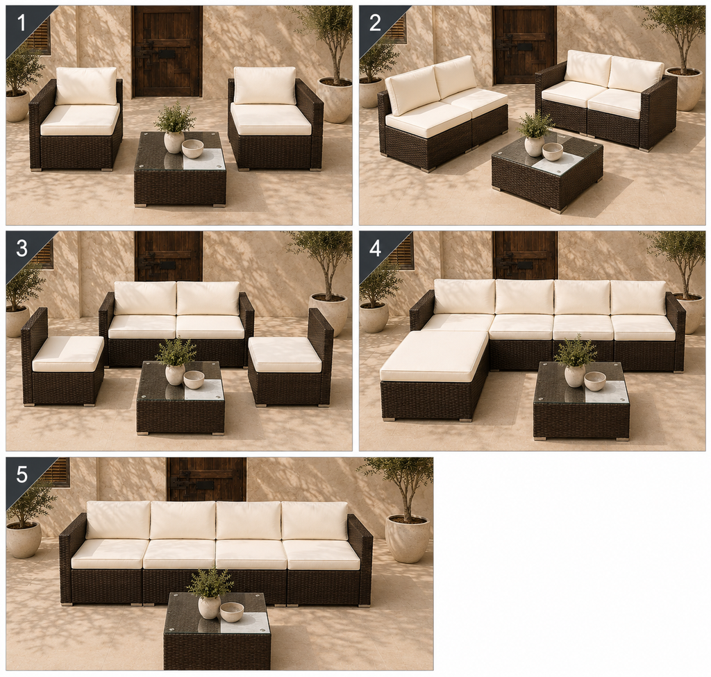 Nova 5-Seater Modular Rattan Patio Set with Glass Coffee Table and Cushions